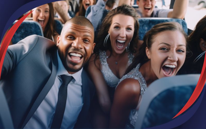 wedding guests smiling inside the coach, budget-friendly coach hire, May 2024, NZ